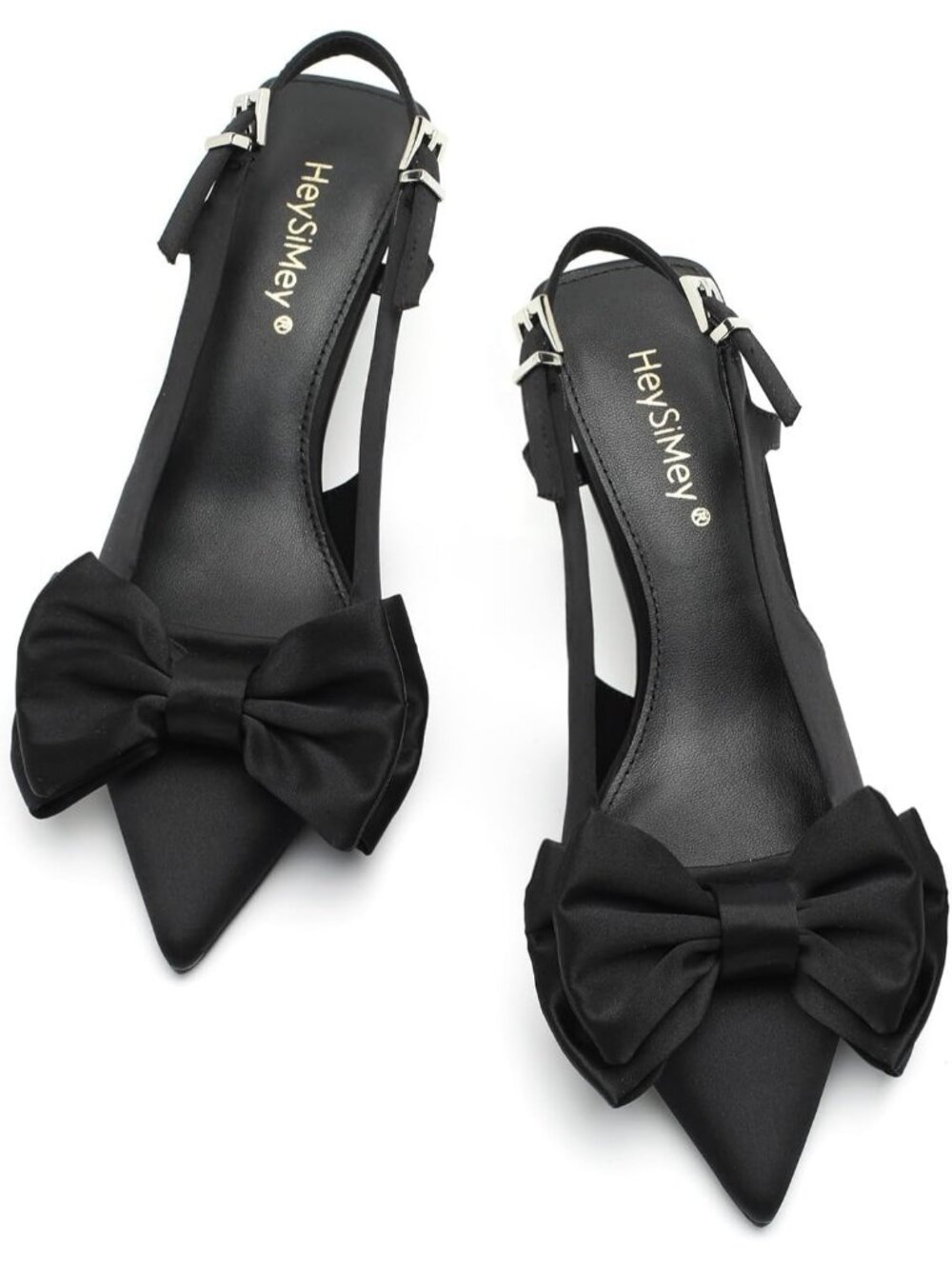Women’s Black Satin Bow Pointed Toe Pumps Mid Low Pull-on Slingback Heels